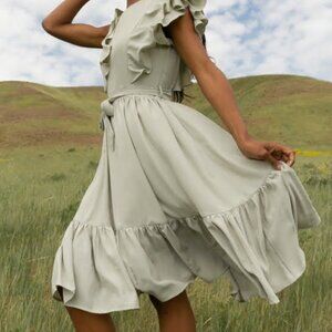 Ivy City Co Clary Sage Green Ruffle Midi Dress Cottagecore Romantic Prairie L